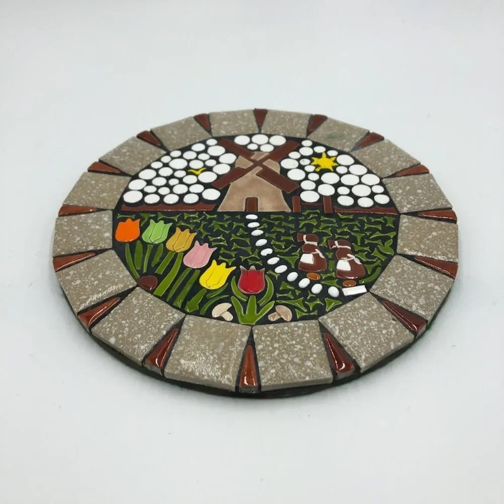 Vintage Mosaic Brown Ceramic Tile Art Trivet Round Windmill Country Farm House